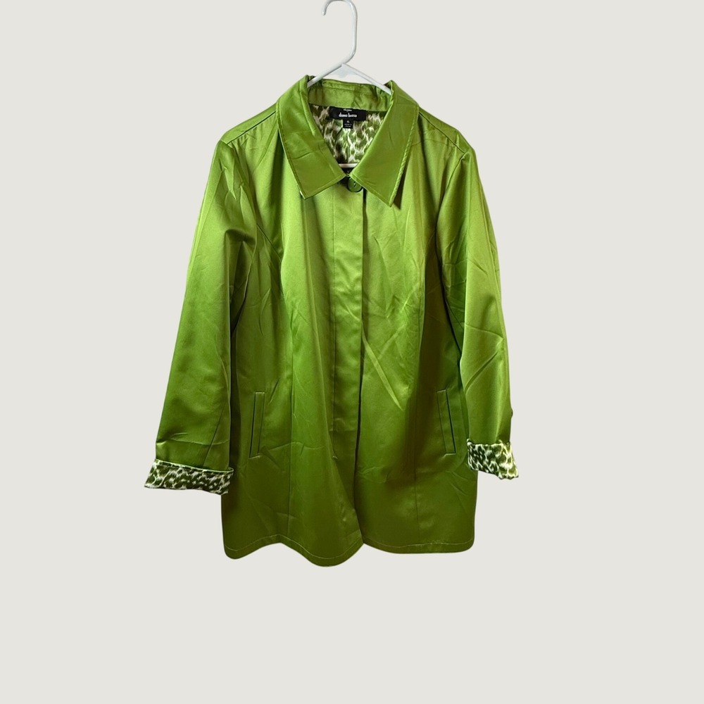 Dennis Basso Reversible Satin Car Coat Lime Green Animal Print XL
